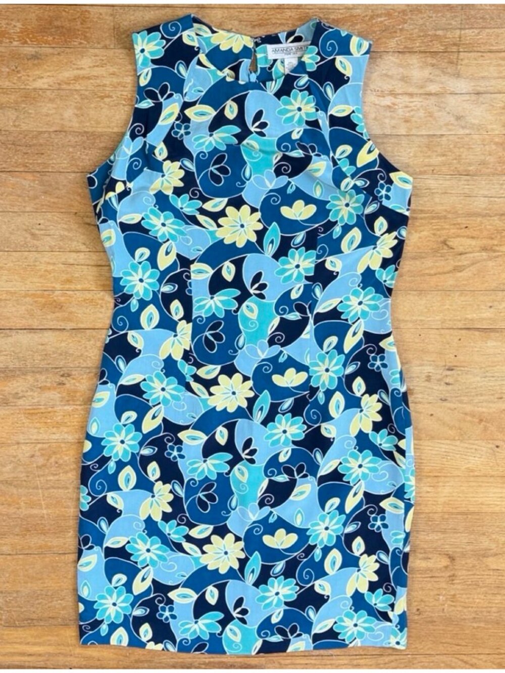 Vintage Floral Art Silk Dress Size Medium 90s Sleeveless Blue Flowers Sundress